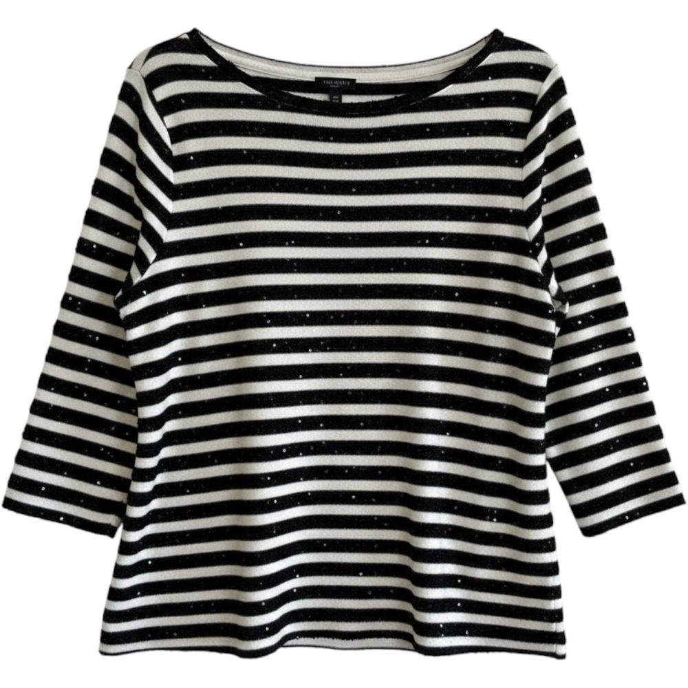 Talbots Black White Striped Sequin Sweater 3/4 Sleeve 1X Holiday NYE Festive